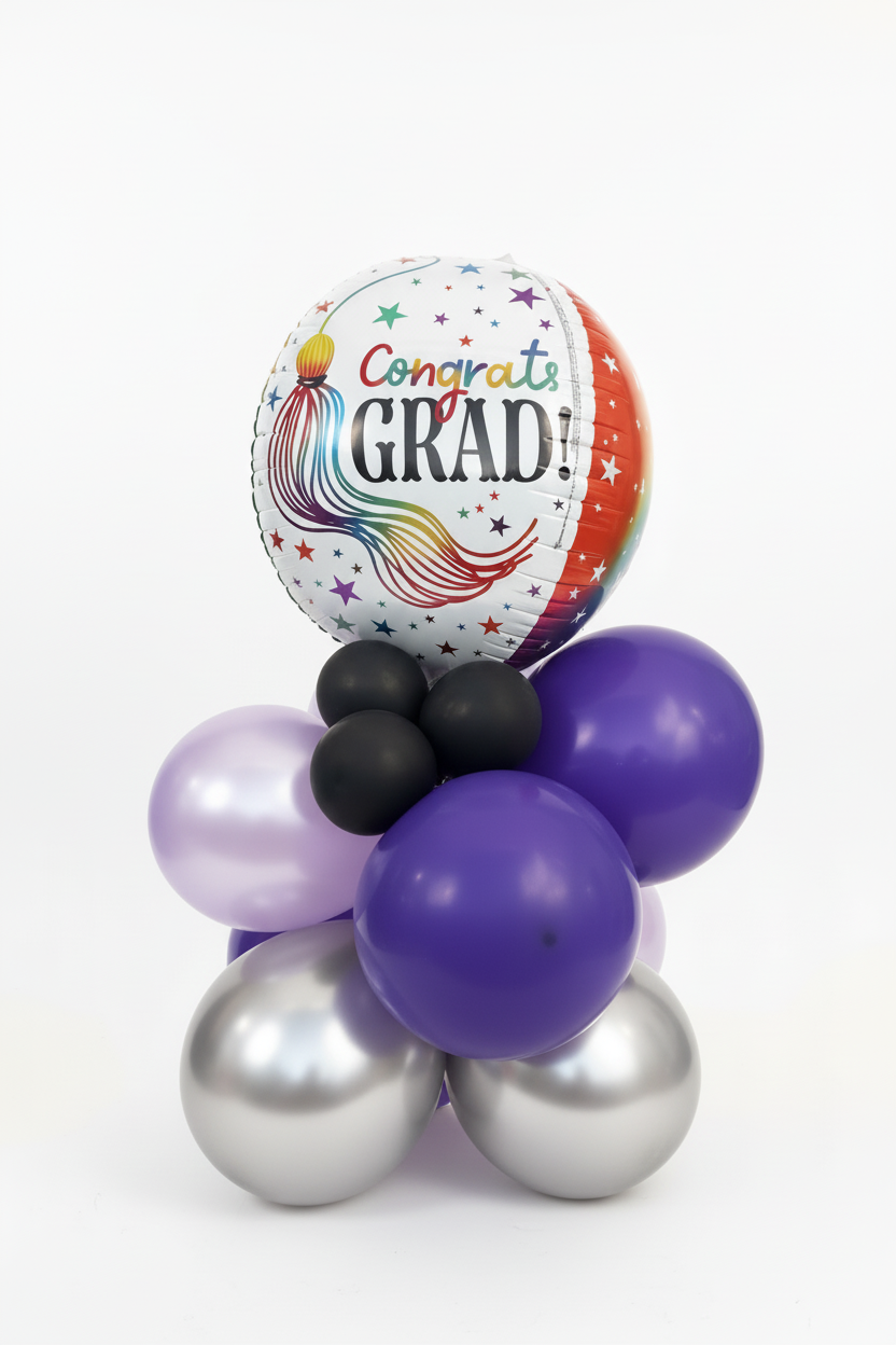 Stable graduation balloon arrangement with shiny black balloons